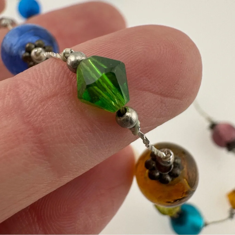 Colorful Beaded Foil Glass Necklace with Silver Details 10 inches Dainty